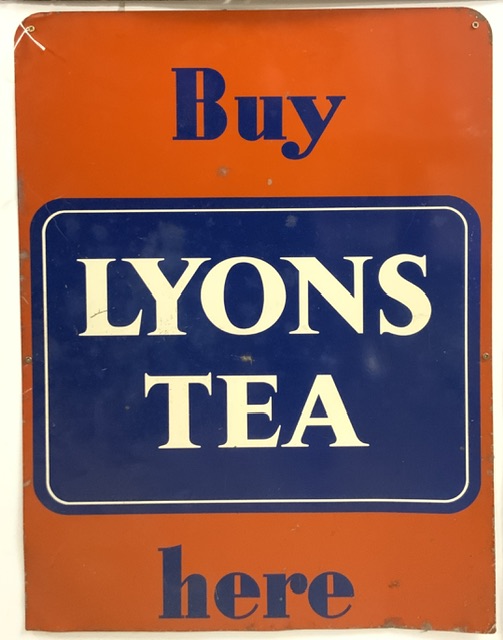 RETRO ADVERTISING SIGN BUY LYONS TEA HERE; 66 X 49.5CM