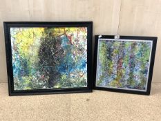 TWO ABSTRACT PAINTINGS SIGNED RAY B BOTH FRAMED LARGEST 72 X 62CM