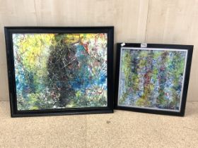 TWO ABSTRACT PAINTINGS SIGNED RAY B BOTH FRAMED LARGEST 72 X 62CM