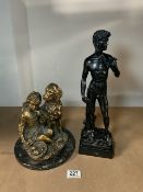 BRONZE EFFECT COMPOSITION FIGURE - CHILD AND DOG ON MARBLE BASE; 24CM AND BLACK PAINTED