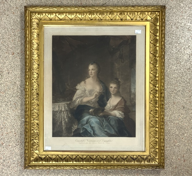GILDED FRAMED AND GLAZED PRINT OF COUNTEFS NEUBURG AND DAUGHTER ENGRAVED BY NALLIER; 63 X 75CM