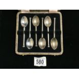 A CASED SET OF SIX STERLING SILVER TEASPOONS BY H. ATKINS; SHEFFIELD 1945; WITH KNOP FINIALS; LENGTH