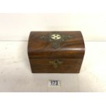19TH-CENTURY DOME TOP TEA CADDY WITH BRASS DETAIL; 18CM
