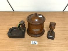 VINTAGE WOODEN TOBACCO JAR WITH A WOODEN ASHTRAY WITH A CARVED BIRD AND A CARVED FIGURE