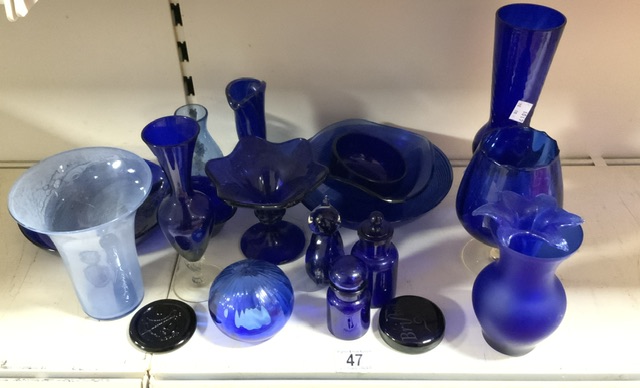 QUANTITY OF BRISTOL BLUE BOTTLES, VASES AND MORE