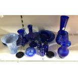 QUANTITY OF BRISTOL BLUE BOTTLES, VASES AND MORE