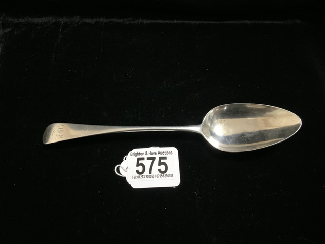 A GEORGE III STERLING SILVER OLD ENGLISH PATTERN TABLESPOON BY PETER & WILLIAM BATEMAN; LONDON 1806;