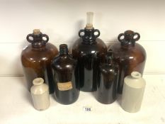 QUANTITY OF LARGE GLASS MEDICINE BOTTLES WITH TWO STONEWARE BOTTLES