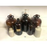 QUANTITY OF LARGE GLASS MEDICINE BOTTLES WITH TWO STONEWARE BOTTLES