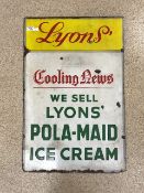 VINTAGE ENAMEL DOUBLE SIDED ADVERTISING SIGN LYONS POLA-MAID ICE CREAM 58 X 88CM