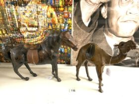 VINTAGE LEATHER ANIMAL STATUES OF HORSE AND CAMEL; LARGEST 37CM