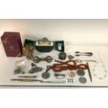 A QUANTITY OF OBJECTS OF VERTU AND COSTUME JEWELLERY INCLUDING; SUGAR TONGS, TEASPOON, FOLDING FRUIT