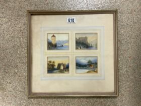 FOUR UNSIGNED CONTINENTAL WATERCOLOURS FRAMED AND GLAZED; 39 X 37CM
