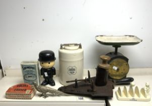 MIXED ITEMS SPILLERS FLOUR FIGURE, ROLINX ERASERS, ADVERTISING STONE WARE BOTTLE AND MORE