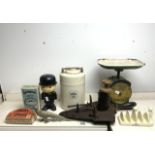 MIXED ITEMS SPILLERS FLOUR FIGURE, ROLINX ERASERS, ADVERTISING STONE WARE BOTTLE AND MORE