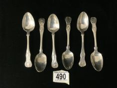 A MATCHED SET OF SIX GEORGE IV/VICTORIAN STERLING SILVER KINGS PATTERN TEASPOONS BY CHARLES BENDY;