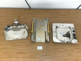 THREE SILVER-PLATED ITEMS CRUMB TRAY, ASHTRAY AND MORE