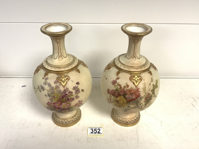 A PAIR OF 19TH-CENTURY ROYAL WORCESTER PORCELAIN VASES; NUMBERED 1851, SLENDER NECK GLOBULAR BODY,