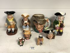 THREE ROYAL DOULTON CHARACTER JUGS 'THE POACHER', 'LONG JOHN SILVER' AND 'HAPPY JACK' WITH FIVE