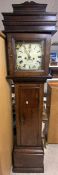 EARLY LONG CASE CLOCK WITH PAINTED DIAL OAK CASED WEIGHTS AND PENDULUM PRESENT