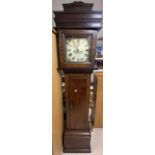 EARLY LONG CASE CLOCK WITH PAINTED DIAL OAK CASED WEIGHTS AND PENDULUM PRESENT