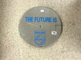 MIRRORED ADVERTISING CLOCK (PHILIPS) THE FUTURE IS, 36CM DIAMETER