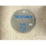 MIRRORED ADVERTISING CLOCK (PHILIPS) THE FUTURE IS, 36CM DIAMETER