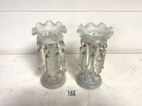 PAIR OF VICTORIAN OPAQUE GLASS VASES WITH HUNG LUSTRE GLASS DROPS; 21CM