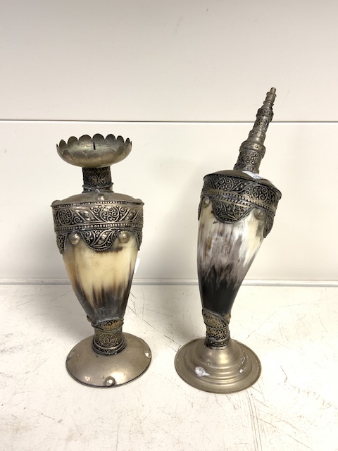 WHITE METAL AND HORN EASTERN CANDLESTICK WITH ONE OTHER; 25CM - Image 2 of 2