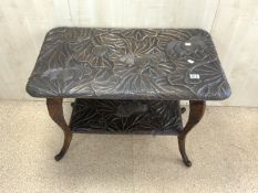 POSSIBLY LIBERTY & CO JAPANESE ARTS AND CRAFTS TWO TIER TABLE HAND CARVED 87 X 51CM