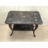 POSSIBLY LIBERTY & CO JAPANESE ARTS AND CRAFTS TWO TIER TABLE HAND CARVED 87 X 51CM