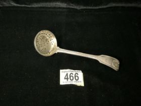 A VICTORIAN STERLING SILVER FIDDLE THREAD AND SHELL SUGAR SIFTING SPOON BY GEORGE ADAMS; LONDON