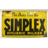VINTAGE ENAMEL ADVERTISING SIGN 'THIS DAIRY USES THE SIMPLEX HYGIENIC MILKER'; 33 X 19CM