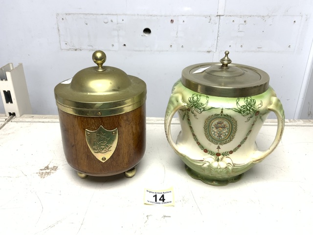 TWO VINTAGE TOBACCO JARS CERAMIC BY S.F & CO AND WOODEN JAR; 16CM