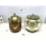 TWO VINTAGE TOBACCO JARS CERAMIC BY S.F & CO AND WOODEN JAR; 16CM