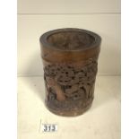 AN ANTIQUE CHINESE CARVED BAMBOO BRUSH POT, POSSIBLY LATE QING DYNASTY, DECORATED WITH A LANDSCAPE