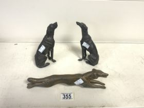 TWO MIXED METALS REALISTIC MODELS OF DOGS, ONE A GREYHOUND, ONE A BLOOD HOUND, BOTH IN SEATED