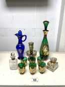 MIXED COLOURED GLASSWARE INCLUDES MURANO, STERLING SILVER NECK PERFUME BOTTLE AND MORE