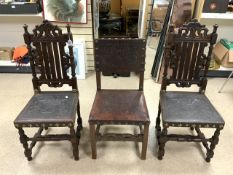 THREE VICTORIAN OAK AND LEATHER EMBOSSED CHAIRS TWO WITH BRASS STAMPS BARTHOLOMEW AND FLETCHER
