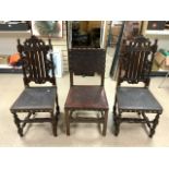 THREE VICTORIAN OAK AND LEATHER EMBOSSED CHAIRS TWO WITH BRASS STAMPS BARTHOLOMEW AND FLETCHER