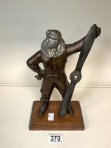 A VINTAGE NOVELTY TABLE LIGHTER MODELLED AS AN AIRMAN WITH PROPELLOR, ON WOODEN PLINTH; HEIGHT 27CM