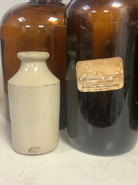 QUANTITY OF LARGE GLASS MEDICINE BOTTLES WITH TWO STONEWARE BOTTLES - Image 2 of 2