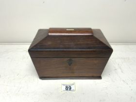 VICTORIAN ROSEWOOD SARCOPHAGUS SHAPED TEA CADDY, THE INTERIOR WITH TWO LIDDED COMPARTMENTS; 22CM