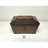 VICTORIAN ROSEWOOD SARCOPHAGUS SHAPED TEA CADDY, THE INTERIOR WITH TWO LIDDED COMPARTMENTS; 22CM