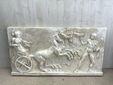 VINTAGE LARGE PLASTER CAST OF A ROMAN SCENE OF CHARIOT WITH HORSES AND FIGURE 142 X 74CM