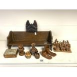 WOODEN BOOKSHELF, CARVED WOODEN FIGURES AND MORE