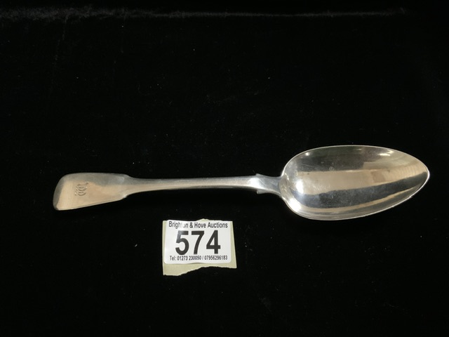 A GEORGE III STERLING SILVER FIDDLE PATTERN TABLESPOON BY THOMAS BARKER; LONDON 1817; INITIALLED;