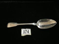 A GEORGE III STERLING SILVER FIDDLE PATTERN TABLESPOON BY THOMAS BARKER; LONDON 1817; INITIALLED;