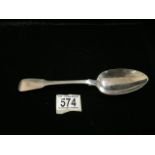 A GEORGE III STERLING SILVER FIDDLE PATTERN TABLESPOON BY THOMAS BARKER; LONDON 1817; INITIALLED;