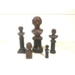 FIVE VINTAGE CARVED WOOD MINIATURE BUSTS OF GENTLEMAN ON PLINTHS; LARGEST 16.5CM